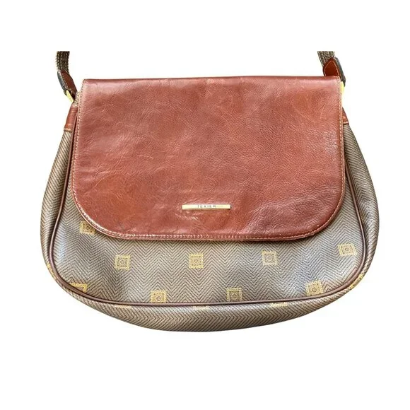 Texier Brown Leather & Green Coated Canvas Shoulder Bag Made in France - Picture 3 of 9